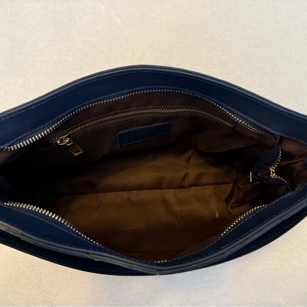 Anna Paola Leather Basketweave Zip Top Brit Shoulder Bag Made in Italy Navy Blue - Picture 7 of 10